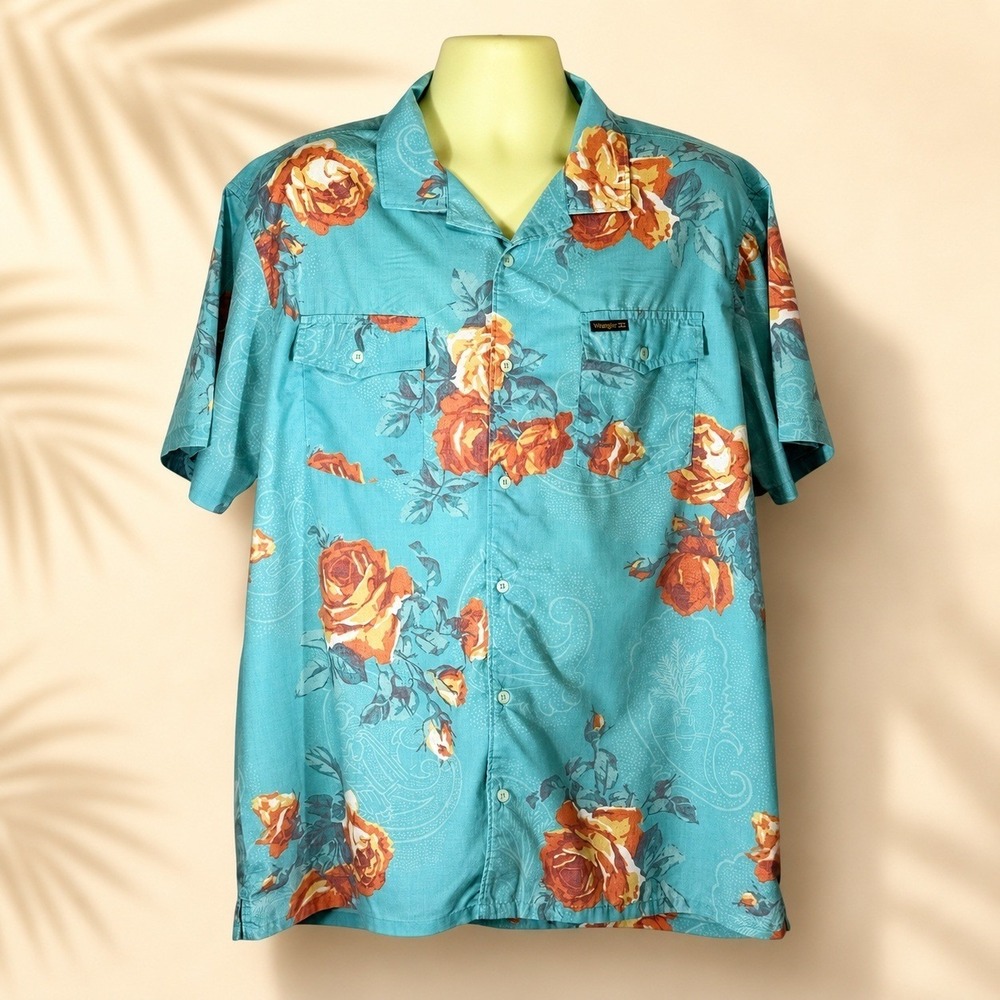 Billabong x Wrangler Shirt Mens XXL Blue Floral Short Sleeve Button Up